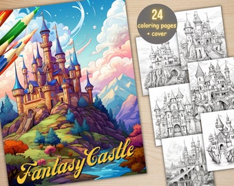 24 Fantasy Castle Coloring Book, Printable PDF, Fairytale Landscape Coloring Pages, Medieval Castles Grayscale Coloring Book for Adults
