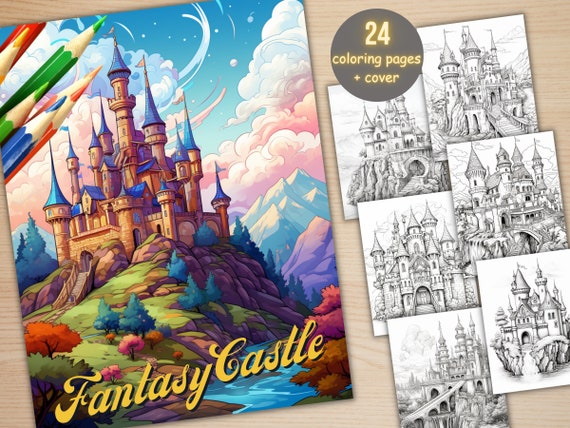 24 Fantasy Castle Coloring Book, Printable PDF, Fairytale Landscape Coloring Pages, Medieval Castles Grayscale Coloring Book for Adults