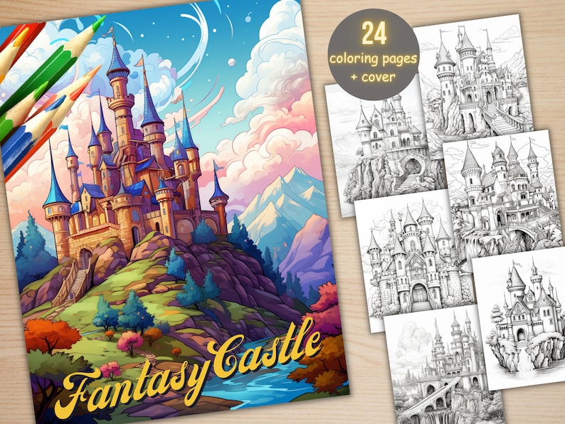 Puede incluir: Una portada de libro para colorear que presenta una ilustraci&oacute;n detallada de un castillo de fantas&iacute;a en la cima de una colina con un r&iacute;o que fluye en primer plano. El texto "Fantasy Castle" est&aacute; escrito en una fuente estilizada debajo del castillo. La portada incluye una nota que indica que el libro contiene 24 p&aacute;ginas para colorear m&aacute;s una portada.
