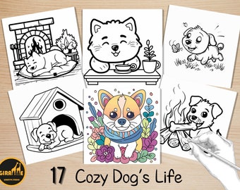 Bold and Easy Coloring Book, Cute Dog Life Coloring Pages, Cozy Animals Coloring, Relaxing Activity for Adults and Kids, Stress Relief