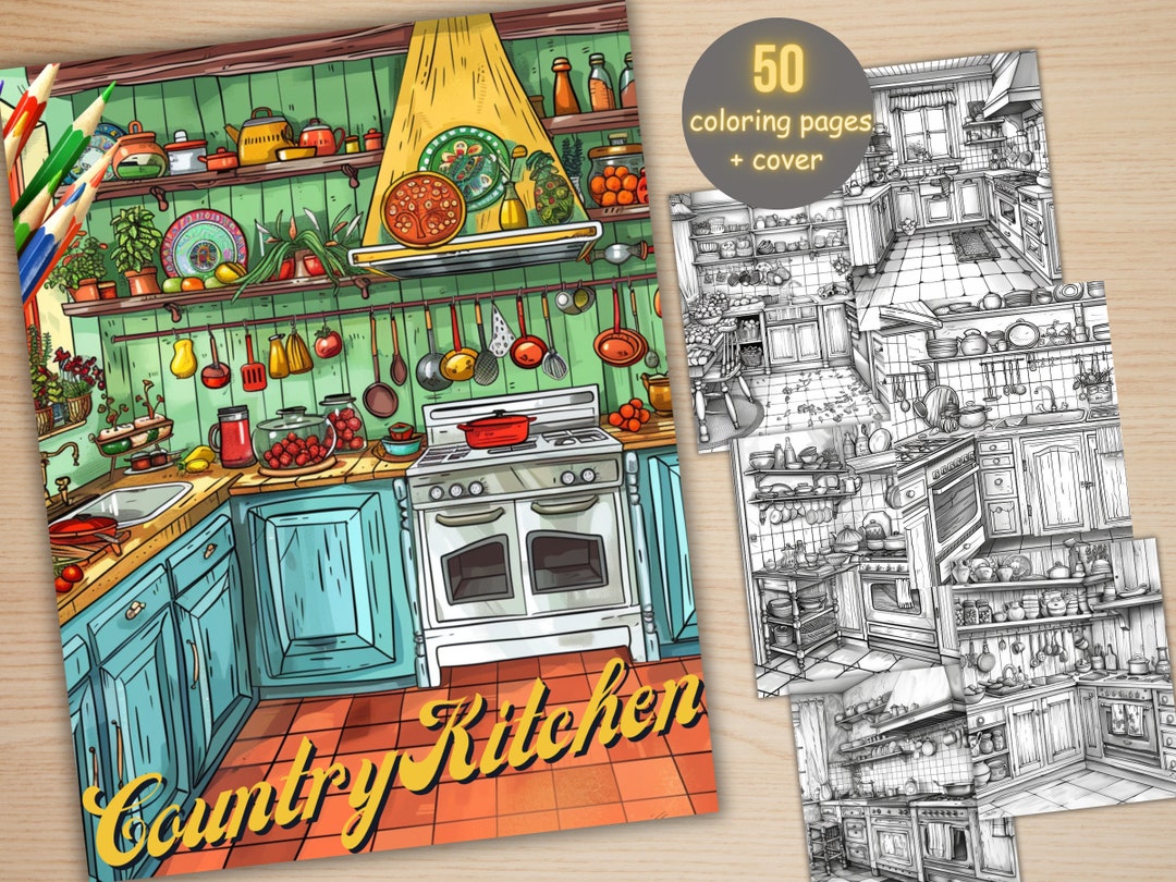 50 Country Kitchen Coloring Book, Printable Cottage Interior Design Coloring Pages, Fantasy ...