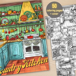 50 Country Kitchen Coloring Book, Printable Cottage Interior Design Coloring Pages, Fantasy Grayscale Boho Kithcen Coloring Book for Adults