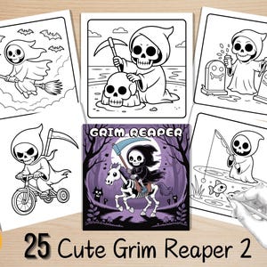 May include: A collection of six black and white illustrations featuring the Grim Reaper in various Halloween-themed scenarios. The images include the Grim Reaper riding a bicycle, fishing, and flying on a broom. The text "25 Cute Grim Reaper 2" is also present.