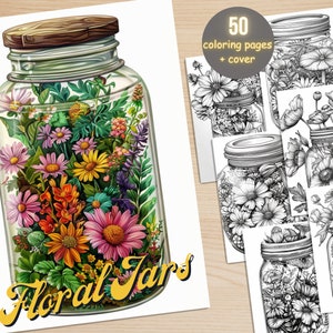 Può includere: Un libro da colorare con 50 pagine e una copertina che mostra un barattolo di vetro pieno di fiori colorati. Il titolo del libro è "Floral Jars".