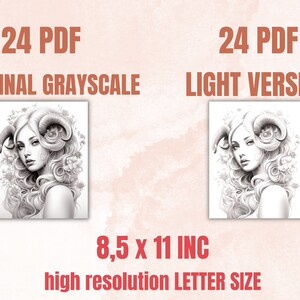 Pu&ograve; includere: Un set di 24 pagine da colorare PDF stampabili che presentano un'illustrazione dettagliata di una donna con corna e fiori nei capelli. Le pagine sono disponibili in due versioni: scala di grigi originale e versione chiara. Ogni pagina misura 21,6 cm per 27,9 cm, formato lettera.