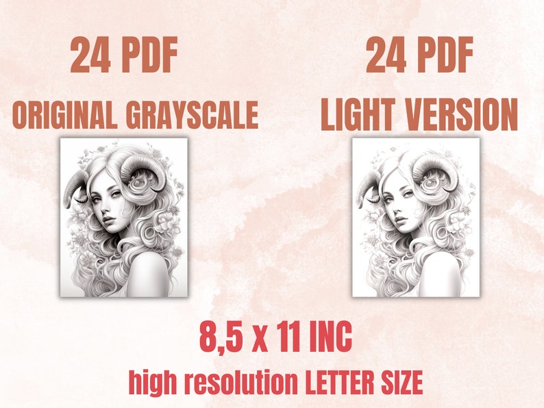 Pu&ograve; includere: Un set di 24 pagine da colorare PDF stampabili che presentano un'illustrazione dettagliata di una donna con corna e fiori nei capelli. Le pagine sono disponibili in due versioni: scala di grigi originale e versione chiara. Ogni pagina misura 21,6 cm per 27,9 cm, formato lettera.