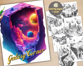 May include: A coloring book with a vibrant, colorful illustration of a galaxy scene, with the text "Galaxy Corner". The book includes 45 coloring pages and a cover, with black and white line art of fantasy landscapes.