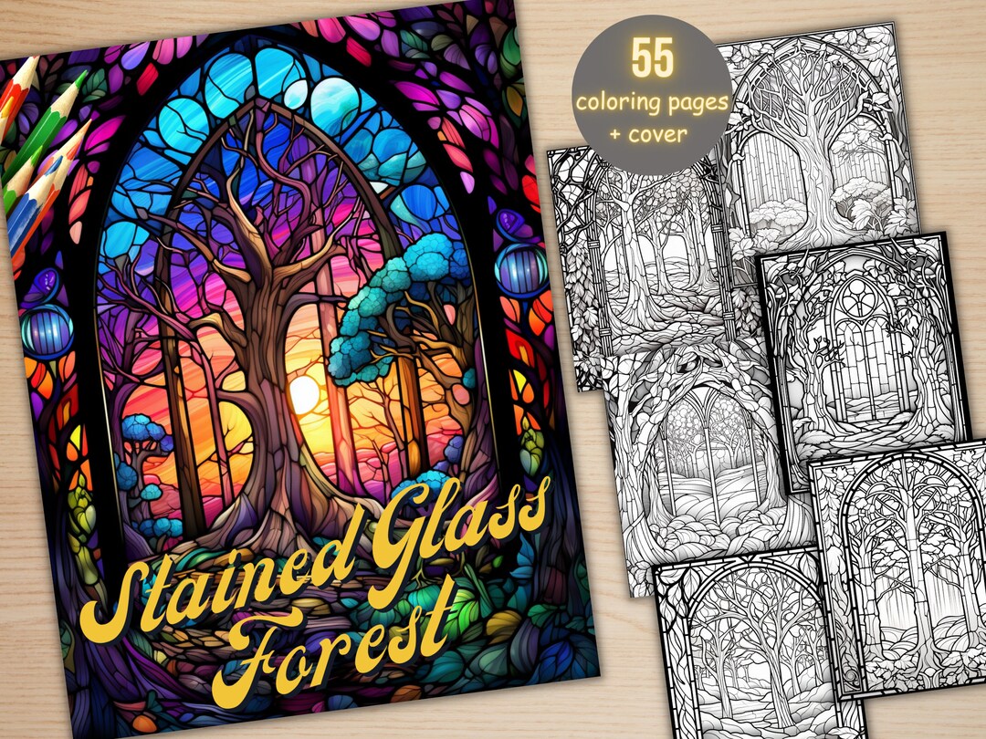 55 Stained Glass Forest Coloring Book, Printable Enchanted Forest ...