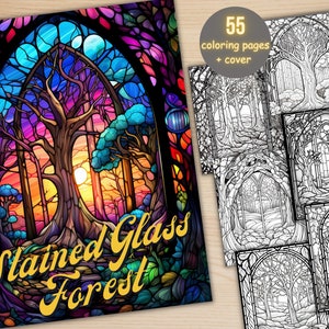 55 Stained Glass Forest Coloring Book, Printable Enchanted Forest Scenes Coloring Pages, Grayscale Magical Woodland Coloring Book for Adults