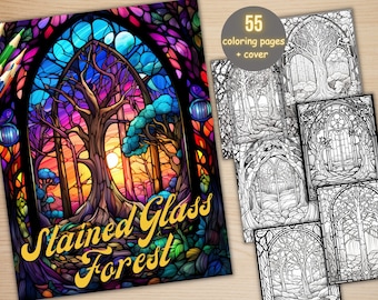 55 Stained Glass Forest Coloring Book, Printable Enchanted Forest Scenes Coloring Pages, Grayscale Magical Woodland Coloring Book for Adults