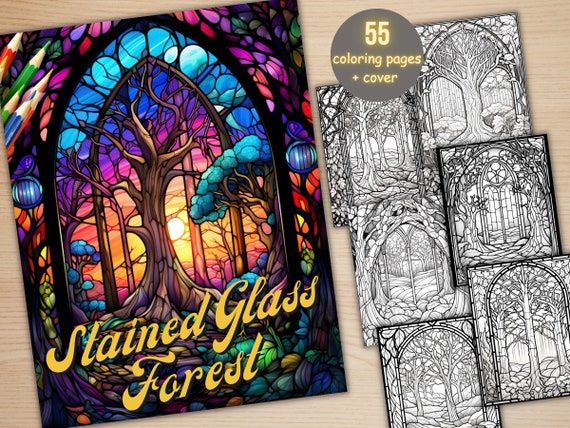 55 Stained Glass Forest Coloring Book, Printable Enchanted Forest Scenes Coloring Pages, Grayscale Magical Woodland Coloring Book for Adults