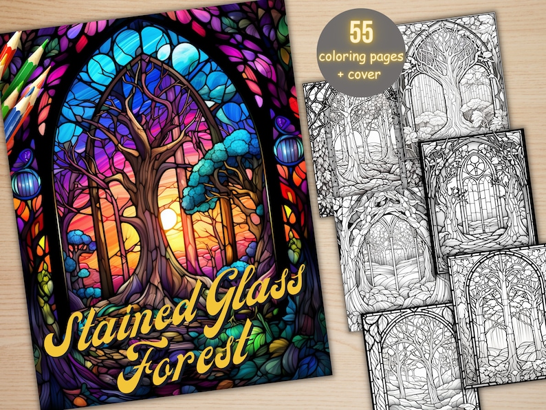 55 Stained Glass Forest Coloring Book, Printable Enchanted Forest Scenes Coloring Pages, Grayscale Magical Woodland Coloring Book for Adults