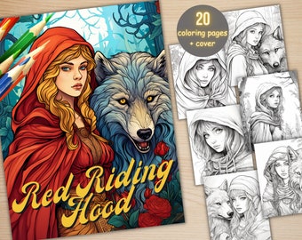 20 Red Riding Hood and the Wolf Coloring Book, Printable Fairytale Little Girl Coloring Pages, Grayscale Coloring Book for Adults and Kids