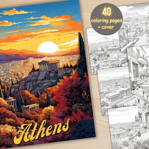 40 Athens City Coloring Book, Printable PDF, Greek Cafe Scenes Coloring Pages, Street Landscape Grayscale Coloring Book for Adults and Kids