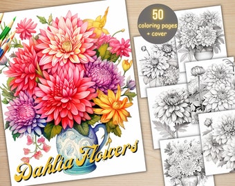 50 Dahlia Flowers Coloring Book, Printable PDF, Botanical Floral Plant Coloring Pages, Fantasy Grayscale Coloring Book for Adults and Kids