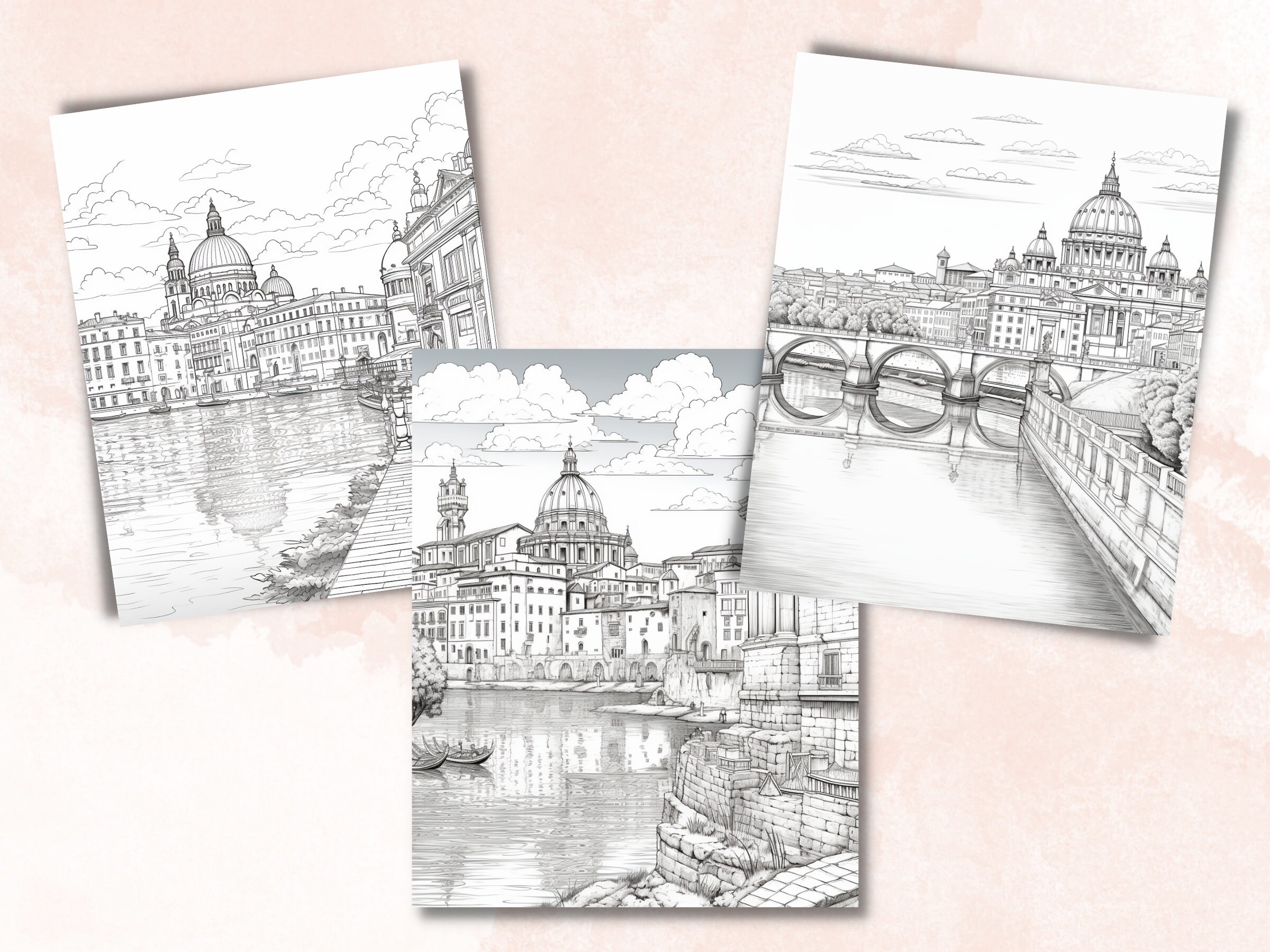 60 Rome City Coloring Book, Printable PDF, Italy Cafe Scenes Coloring ...