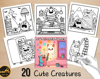 Könnte beinhalten: Eine Sammlung von 20 "Cute Creatures" Malvorlagen. Die Seiten zeigen skurrile Monster-Illustrationen in verschiedenen Szenen, darunter ein Schlafzimmer, ein Kühlschrank und eine Drachen-Szene. Das zentrale Bild ist ein rosa Quadrat mit zwei Monstern.
