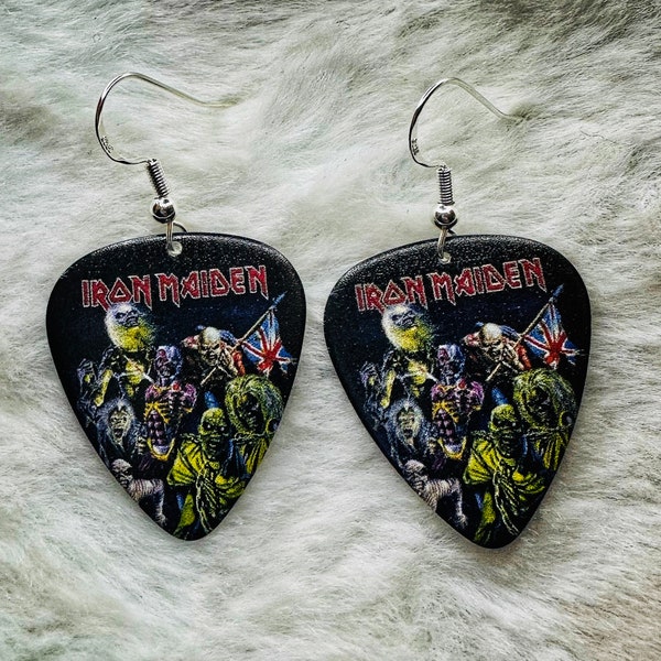 Iron Maiden Repurposed Guitar Pick Earrings - Heavy Metal Bands - Rock and Roll Earrings - Gift for Guitar Player - Concert Wear