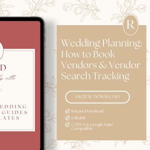 May include: A digital download for wedding planning, titled "Wedding Planning: How to Book Vendors & Vendor Search Tracking". The download is available in Canva and Google Suite compatible formats. The image features a red and white floral design.