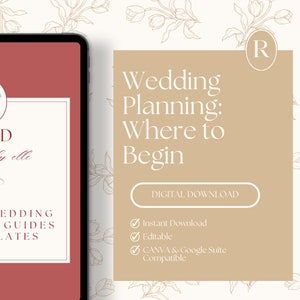 Op de afbeelding: Een digitale download voor een bruiloftplanningsgids met de titel "Wedding Planning: Where to Begin" van RED, gemaakt door elle. De gids is compatibel met Canva en Google Suite. De afbeelding toont een bloemmotief.