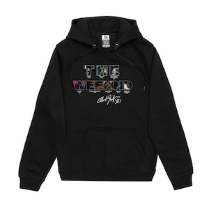 May include: Black hooded sweatshirt with a graphic print of The Weeknd's album covers and his signature.