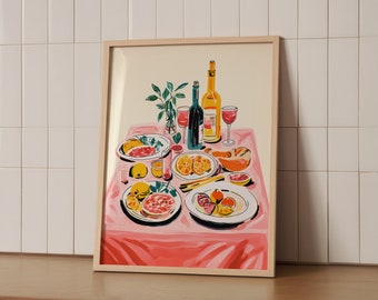 Mediterranean Feast Illustrated Foodie Watercolour Food and Wine Print, Kitchen Wall Decor Art, Downloadable Digital Illustration