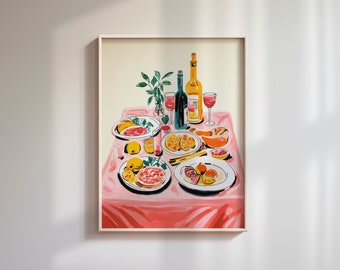 Mediterranean Feast Illustrated Foodie Watercolour Food and Wine Print, Kitchen Wall Decor Art, Downloadable Digital Illustration