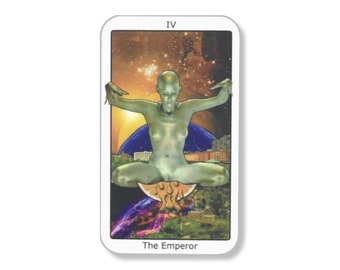 May include: The Emperor tarot card features a green, nude figure sitting on a crescent moon with flames. The figure has their arms outstretched and is surrounded by a cosmic background with stars and planets.