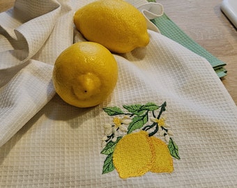 Lemon tea towels/Waffle waves/Cotton towels/Set of towels/Embroidered tea towel/ Lemon embroidery/ Rustic kitchen towels/Gift for the host