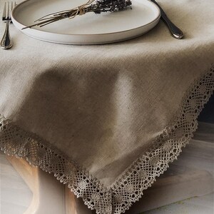 Grey Linen Tablecloth with Gray Lace/Elegant Table Cover for Dining Table/Vintage style Tablecloth Rustic Farmhouse Decor/Laconic tablecloth