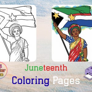 Può includere: Pagine da colorare di Juneteenth con una persona che tiene una bandiera con due stelle. L'immagine include una versione in bianco e nero e una a colori. Il testo recita Juneteenth Coloring Pages e US Letter Size con un'icona di stampante.