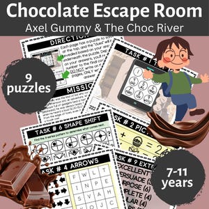 Könnte beinhalten: Ein farbenfrohes Lernspiel mit dem Titel "Chocolate Escape Room" mit dem Text "Axel Gummy & The Choc River". Das Bild zeigt Rätsel, einen Cartoon-Jungen, Schokolade und den Text "7-11 Jahre" und "9 Puzzles".