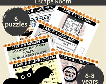 May include: A Halloween-themed escape room game with six puzzles. The game, titled "Boo's Pumpkin Path," includes tasks like a lock box, text message, and cryptogram. The game is designed for children aged 6-8 years old. The image features a bat graphic.