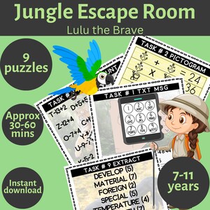 Jungle Adventure Escape Room, Fun Printable Party Game for Kids, 9 Puzzle Challenges, Childrens Secret Code, Digital PDF Instant Download