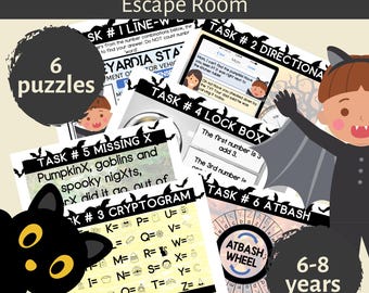 Pode incluir: Um jogo de escape room com tema de Halloween, "Mika's Missing Pumpkin", com seis quebra-cabeças. A imagem apresenta um criptograma, uma caixa forte e tarefas direcionais. Um gato preto e uma criança fantasiada de morcego também são mostrados. Para idades de 6-8 anos.