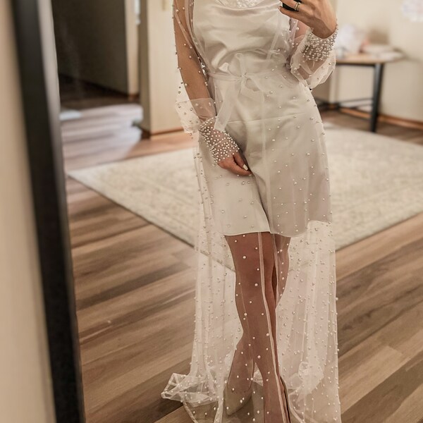 Night Dress, Pearl Bridal Sleepwear, Luminous Lace & Pearls: Luxurious Tulle Bridal Sleepwear for a Sparkling Wedding