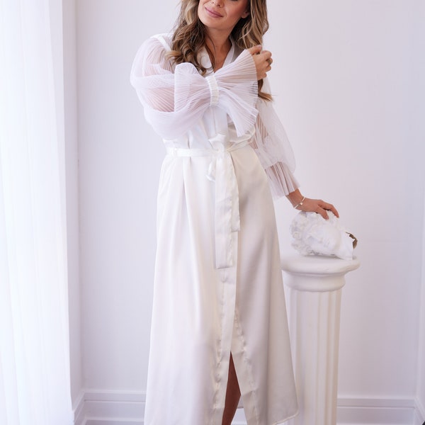 Silk Robe, Flowing White Silk Bridal Robe with Bracelet Sleeves - Luxury Wedding Gown Alternative, Bridal Robe