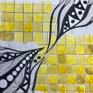 Tekening gele abstracte inkt – originele 5 x 5 kunst op aquarelpapier – micronpen en aquarelrasterontwerp – modern, minimalistisch