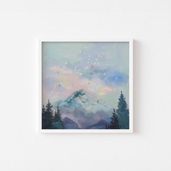 Magical Mountain Twilight - Abstract Pastel Sky & Starry Night Painting - Digital Wall Art Print, Instant Home Decor Download