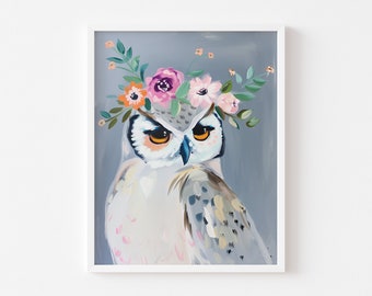 Floral Owl Digital Painting - Instant Download - Nature Inspired Home Decor, Whimsical Flower Crown Owl Illustration - Bohemian Wall Art