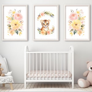 Nursery baby tiger wall art, Watercolor set of 3, Instant digital download