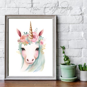 Watercolor unicorn printable wall art, Digital download for nursery room