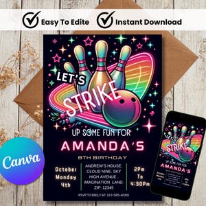 Pode incluir: Um convite de aniversário colorido com tema de boliche. O convite apresenta uma bola de boliche e pinos com um brilho neon. O texto do convite diz "Let's Strike Up Some Fun For Amanda's 8th Birthday".