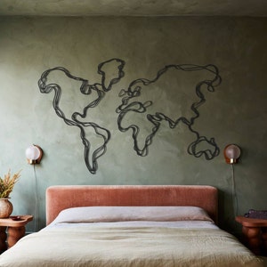 Carte du monde minimaliste, oeuvre d'art murale carte du monde, décoration murale en métal, tentures murales en métal, décoration de salon, oeuvre d'art murale en métal, décoration de bureau