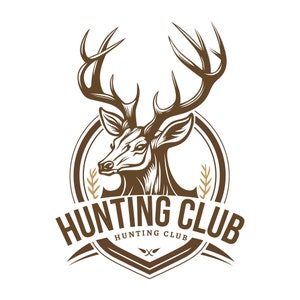 May include: A vintage-style logo for a hunting club, featuring a brown deer head with antlers and the text "Hunting Club" in a brown banner.