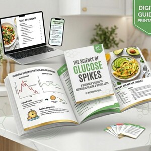 Peut inclure: Un guide numérique et des imprimables sur un comptoir blanc. Le guide, intitulé "The Science of Glucose Spikes", est ouvert sur une page avec une omelette savoureuse. Un ordinateur portable et un smartphone affichent du contenu, et une plante est en arrière-plan.