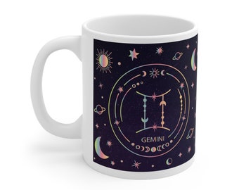 Gemini Zodiac Mug, Zodiac Coffee Mug, Gemini Mug, Moon and Stars Gemini Mug, Gemini birthday gift, Gemini Personalized Mug, 11oz Gemini Mug