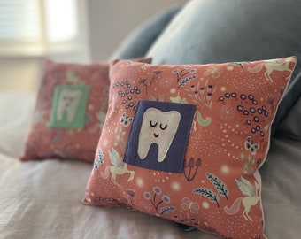 Tooth Fairy cushion - Glow in the dark tooth fairy pillow - kids bedroom decor - girls bedroom - handmade gift - Peachy pink unicorn cushion