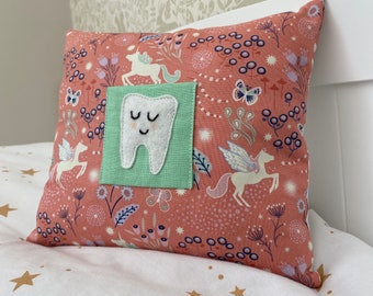 Tooth Fairy cushion - Glow in the dark tooth fairy pillow - kids bedroom decor - girls bedroom - handmade gift - Peachy pink unicorn cushion