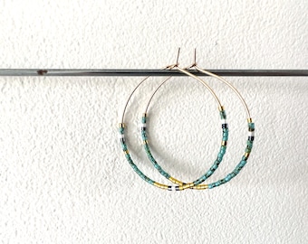 Beaded Hoop Earrings, Gold Plated, Turquoise Miyuki Beads